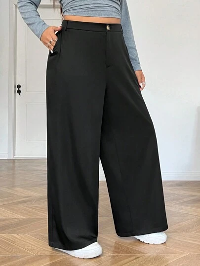 SHEIN EZwear Plus Size Women's Black High Waist Casual Loose Wide Leg Pants In Fall/Winter