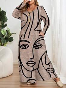 EMERY ROSE Figure Line Art Print Plus Size Long Sleeve Round Neck Dress, Suitable For Autumn/Winter - Multicolor - View 5