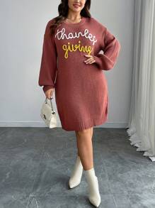 SHEIN LUNE Plus Size Women Solid Color Knit Round Neck Letter Print Long Sleeve Casual Minimalist Sweater Dress, Autumn/Winter Fall Cloth For Women - Multicolor - View 5