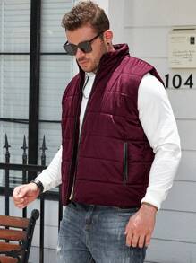Manfinity Homme Plus Size Men's Solid Stand Collar Sleeveless Winter Jacket - Burgundy - View 4
