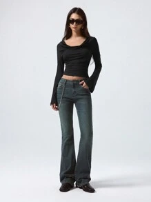 LYSMO 女式口袋喇叭休闲百搭牛仔裤 - 橄欖綠 - 查看 5