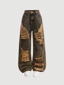 SHEIN Tween 女童 Y2K 时尚镂空破洞宽松直筒牛仔裤，女童夏季裤子套装