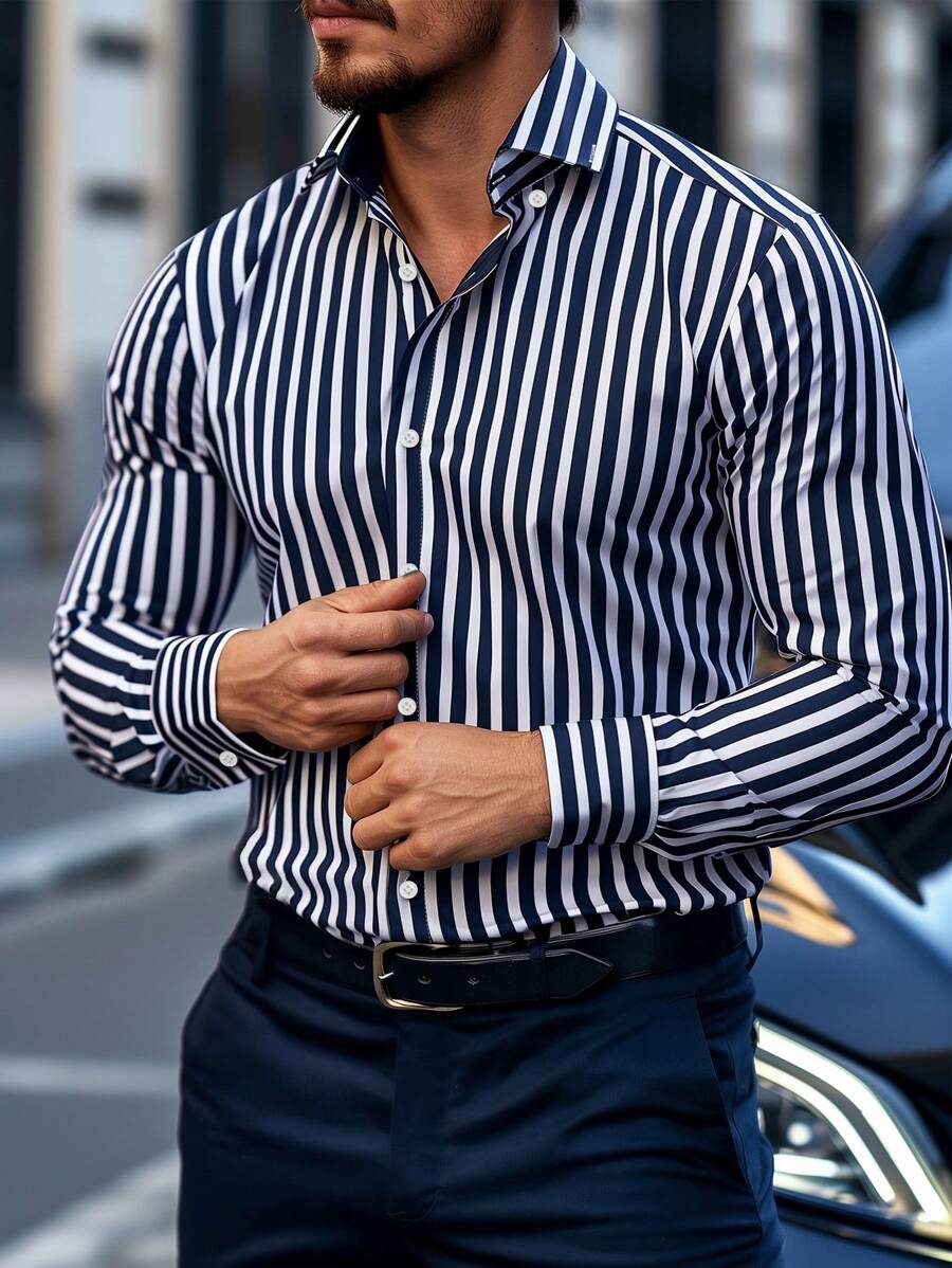 Manfinity Homme Men Casual Commute Striped Long Sleeve Shirt, Autumn, For Fall - Multicolor - View 1