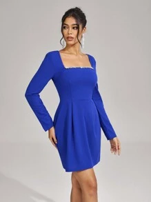 SHEIN Belle Women Elegant Knitted Blue Rhinestone Decor Long Sleeve Short Cocktail Dress, Wedding Guest Dress Music Festival  Spring/Summer