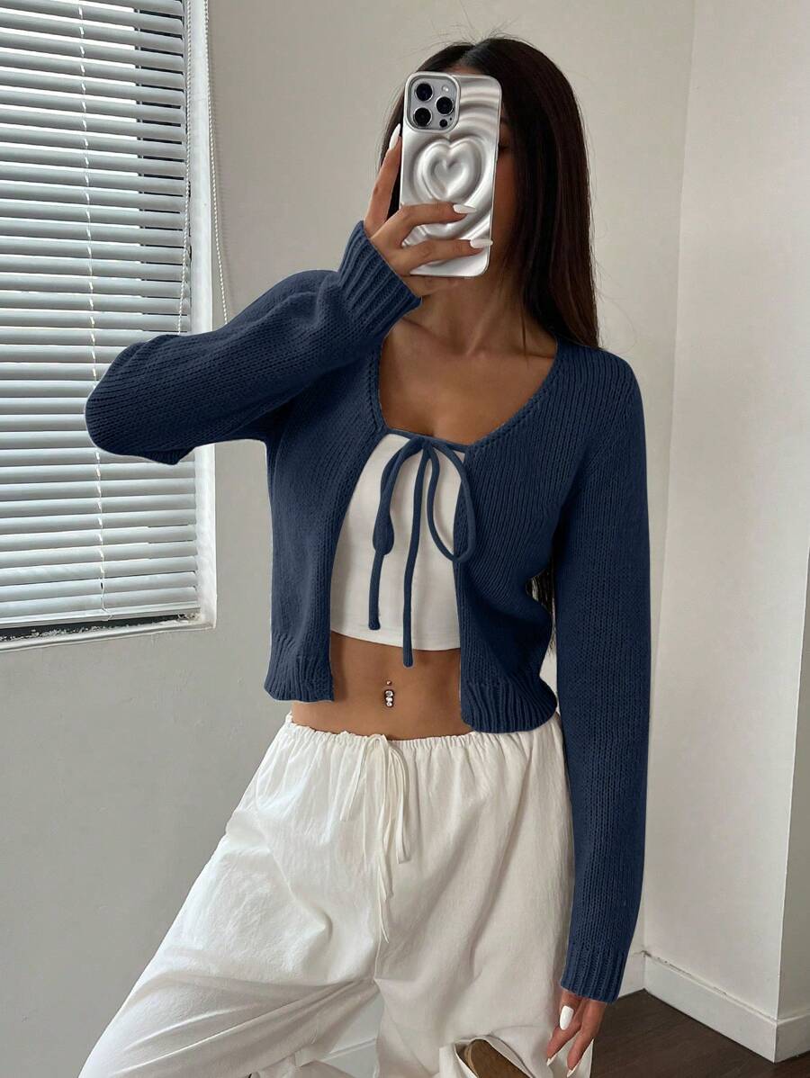 Flirla 女式纯色长袖前系带休闲开衫，秋冬 - 藏蓝色 - 查看 1