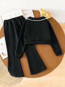 SHEIN 2pcs/Set Tween Girl Apricot Lapel Half-Zip Sweatshirt And Flared Pants Casual Outfit