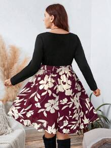 SHEIN LUNE Women's Plus Size Square Neck Long Sleeve Floral Print Elegant Dress,Black Autumn Boho Tea Party Thanksgiving & New Year Winter Long Dress For Women - Red - View 2