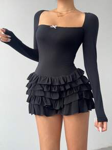 Aloruh Women's Sexy YTK Square Neck  Pink Bow Accent Ruffle Hem Long Sleeve Jumpsuit Long Sleeve Jumpsuit - Black - View 2