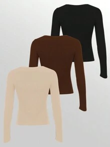 INAWLY 女式纯色纽扣门襟长袖休闲 T 恤，秋季 - 彩色 - 查看 2