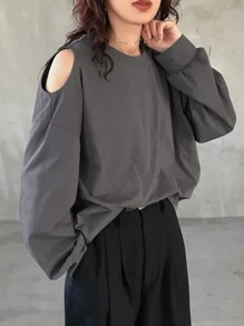 FRIFUL Damska szara jednokolorowa luźna, skrócona koszulka z odkrytymi ramionami, wiosna