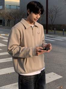 DAZY Men's Polo Collar Small Pattern Embroidered Pullover Sweatshirt - Khaki - View 6