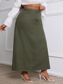 Slaydiva Plus Size Women's A-Line Denim Skirt - Army Green - View 6