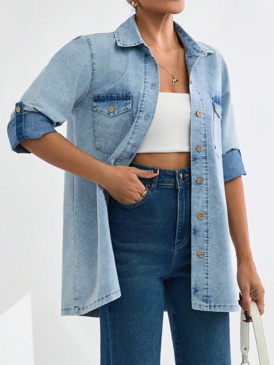 EURMUSE Women's Casual Roll-Up Sleeve Washed Denim Blouse For Autumn - Blue - View 1