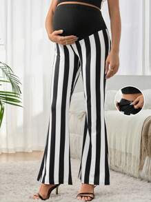 SHEIN Maternity Contrast Color Striped High Waist Sexy Flare Pants - Black and White - View 7