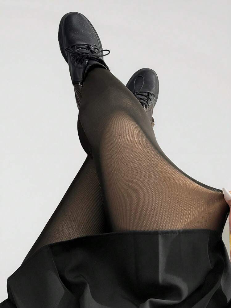 SHEIN PETITE 黑色网眼衬里保暖内衬紧身裤，秋冬季 - 黑色 - 查看 1