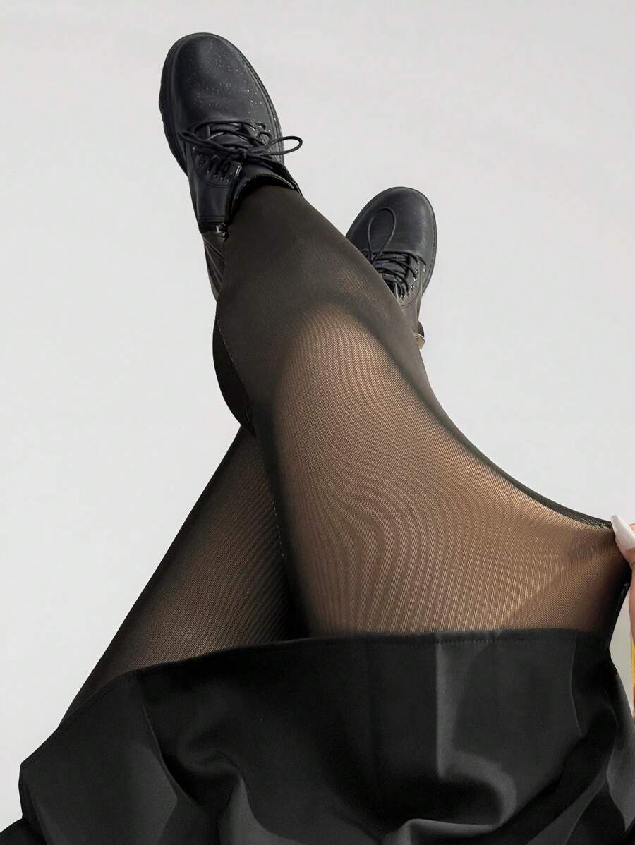 SHEIN PETITE Black Mesh Lined Thermal Lined Leggings, Autumn & Winter