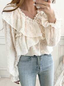 DAZY Women's Textured Fabric Ruffle Collar Casual Blouse, Spring/Summer - Apricot - View 3