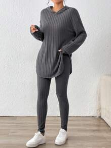 SHEIN Essnce Bộ đồ 2 món cho nữ, màu trơn, tay dài trễ vai, có mũ trùm đầu và quần dài, mùa thu - Màu xám đen - Xem 4