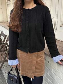 FRIFUL Damen Lässig gestreifte Patchwork Strickjacke, Herbst/Winter - Schwarz - Übersicht 6