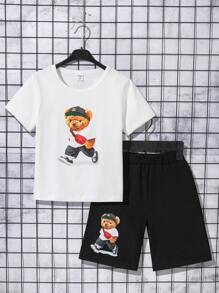 2pcs Young Boy Cartoon Bear Print Round Neck Short Sleeve T-Shirt And Shorts Casual Set