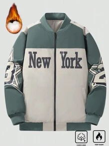Manfinity Sporsity Plus Size Men's Solid Color Splice Front Zipper Long Sleeve Pocket Casual Padded Coat, Light Green Warm Vacation Letter Color Block Winter Coat, For Friends, Husband, Boyfriend Gifts