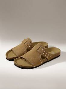 Solecia 女士新款棕色铆钉装饰轻便奢华时尚百搭软木底系带拖鞋，适合户外海滩复古波西米亚风格休闲度假平底凉鞋 - 棕色 - 查看 6