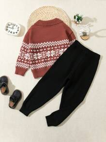 SHEIN 男童学院风针织提花毛衣套装，秋冬 - 咖啡棕 - 查看 2