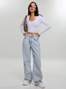 EURMUSE QUẦN JEAN THẲNG CAO CÓ CHI TIẾT GỜ - Rửa nhẹ - Xem 4