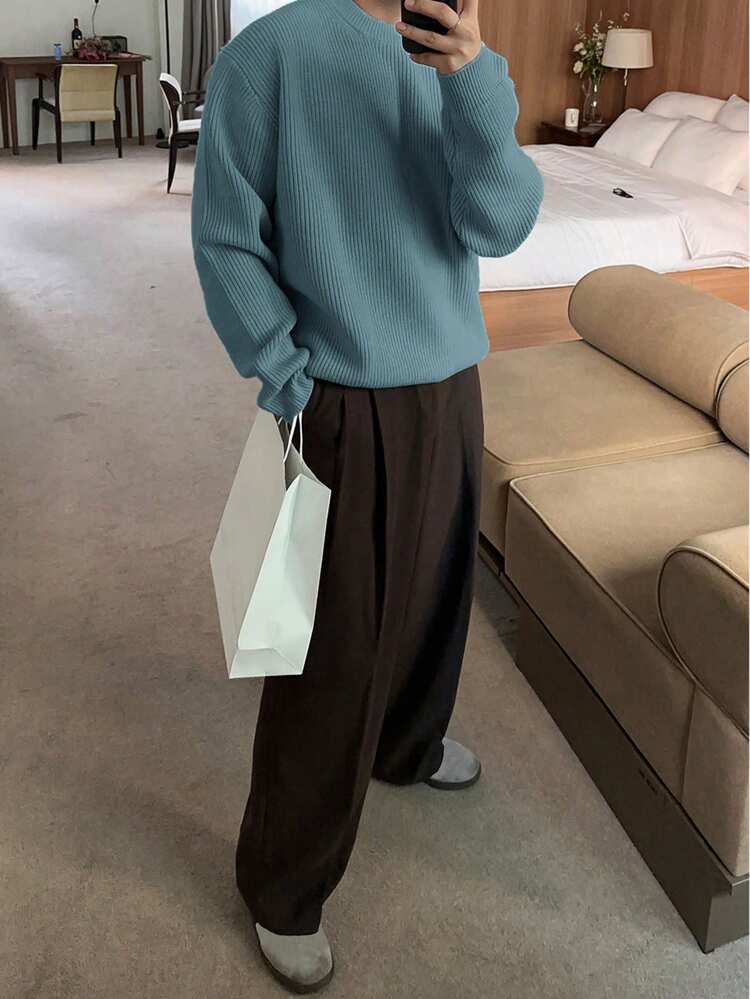 Men's Solid Color Casual Versatile Crew Neck Sweater,Fall Clothes