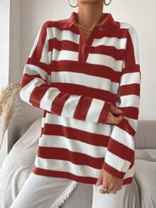 EURMUSE Áo len kẻ sọc trễ vai rộng rãi thường ngày cho nữ, Thu/Đông - Đỏ - Xem 5