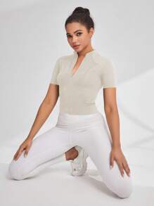 Gameset SHEIN Sport Veste active à col montant et manches courtes ajustée pour femmes, vêtements de sport sexy pour la course, la remise en forme et les activités de plein air - Kaki - Voir 5