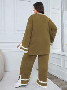 RueChic 1pc Contrast Trim Drop Shoulder Sweater & 1pc Knit Pants