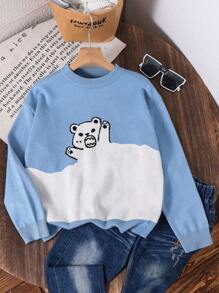 儿童青少年男孩休闲运动猫动物印花圆领针织毛衣，长袖 - 彩色 - 查看 2