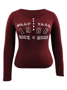INAWLY Plus Size Front Button Long Sleeve Letter Print Simple T-Shirt, Casual Daily Wear Fall Cloth For Women - Burgundy - View 3