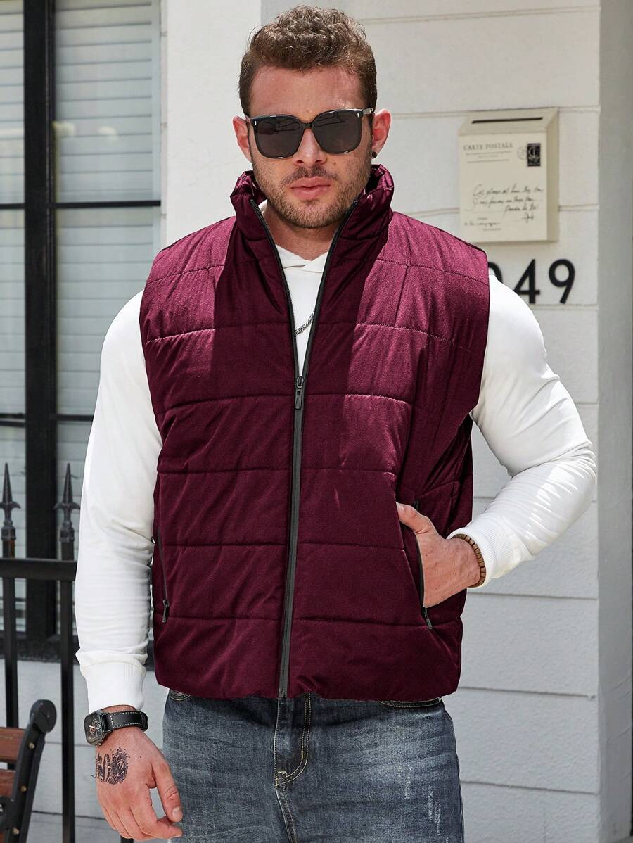 Manfinity Homme Plus Size Men's Solid Stand Collar Sleeveless Winter Jacket - Burgundy - View 1