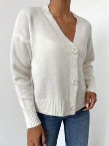 Cloudara Drop Shoulder Button Front Cardigan