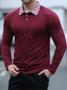 Manfinity Homme Men's Casual Plaid Collar Long Sleeve Polo Shirt For Autumn - Burgundy - View 5