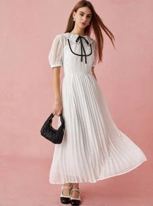 Enchnt 春冬浪漫女士蝴蝶结花卉蕾丝泡泡袖褶边长公主裙，甜美优雅，适合情人节、生日派对、节日、甜蜜约会之夜、鸡尾酒会和舞会 - 白色 - 查看 5