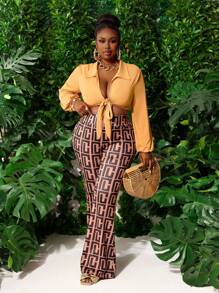 Slaydiva Plus Size Women 2Pcs Set,Blush Pink Autumn Classy Formal Night Out Club Holiday Elegant Tie Front Long Sleeve Blouse & Polka Dot Print Flare Pants - Multicolor - View 1