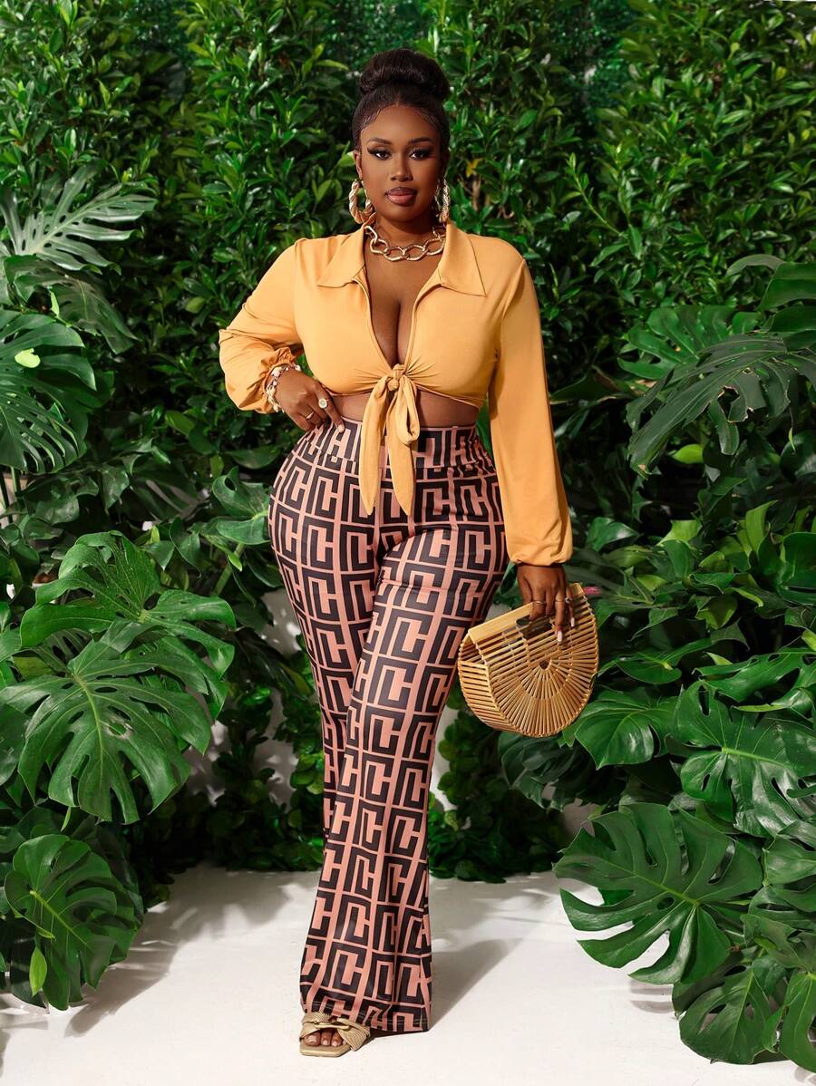 Slaydiva Plus Size Women 2Pcs Set,Blush Pink Autumn Classy Formal Night Out Club Holiday Elegant Tie Front Long Sleeve Blouse & Polka Dot Print Flare Pants - Multicolor - View 1