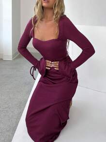 SHEIN EZwear Plus Size Burgundy Dress, Spring - Burgundy - View 5