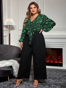 SHEIN Clasi 大码女式大理石印花灯笼袖口袋阔腿连体裤