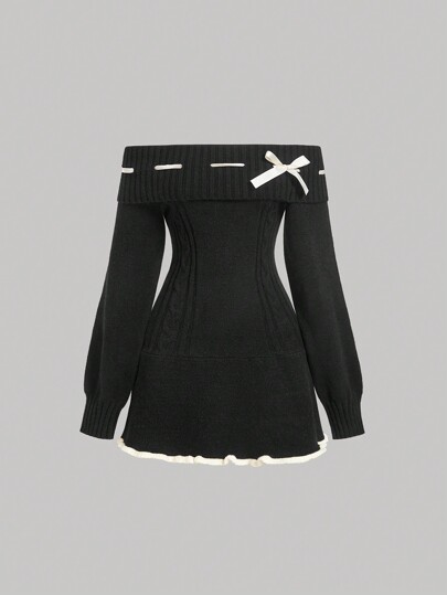 SHEIN MOD Apricot And Black Jacquard Bowknot Off-The-Shoulder Long Sleeve Sweater Dress,Homecoming Dress,Elegant Women Dresses,Airport Women Outfits,Halloween Outfits,Cat Woman Costume,Short Formal Dress,Fall Clothes,Party Women Dresses