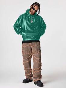 Manfinity RebelGame Men's Loose Fit Brazilian Style Long Sleeve Hoodie, For Fall Winter - Dark Green - View 3