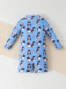 Baby Boy Cute Cartoon Penguin Print Front Zipper Swimsuit, Baby Boy Long Sleeve Beach Outfit, Suitable For Summer Beach, Holiday - Multicolor - View 2