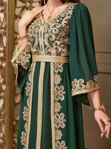 Layrah Elegant Party Dark Green And Gold Embroidered Bell Sleeve Dress, Modest Kaftan