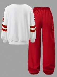 SHEIN ChillGRL 2pcs Tween Girls Spring & Autumn Sports Color Block Numeral Print Long Sleeve Sweatshirt & Side Pocket Cargo Pants Set, Cool Daily Outfit - Red - View 2