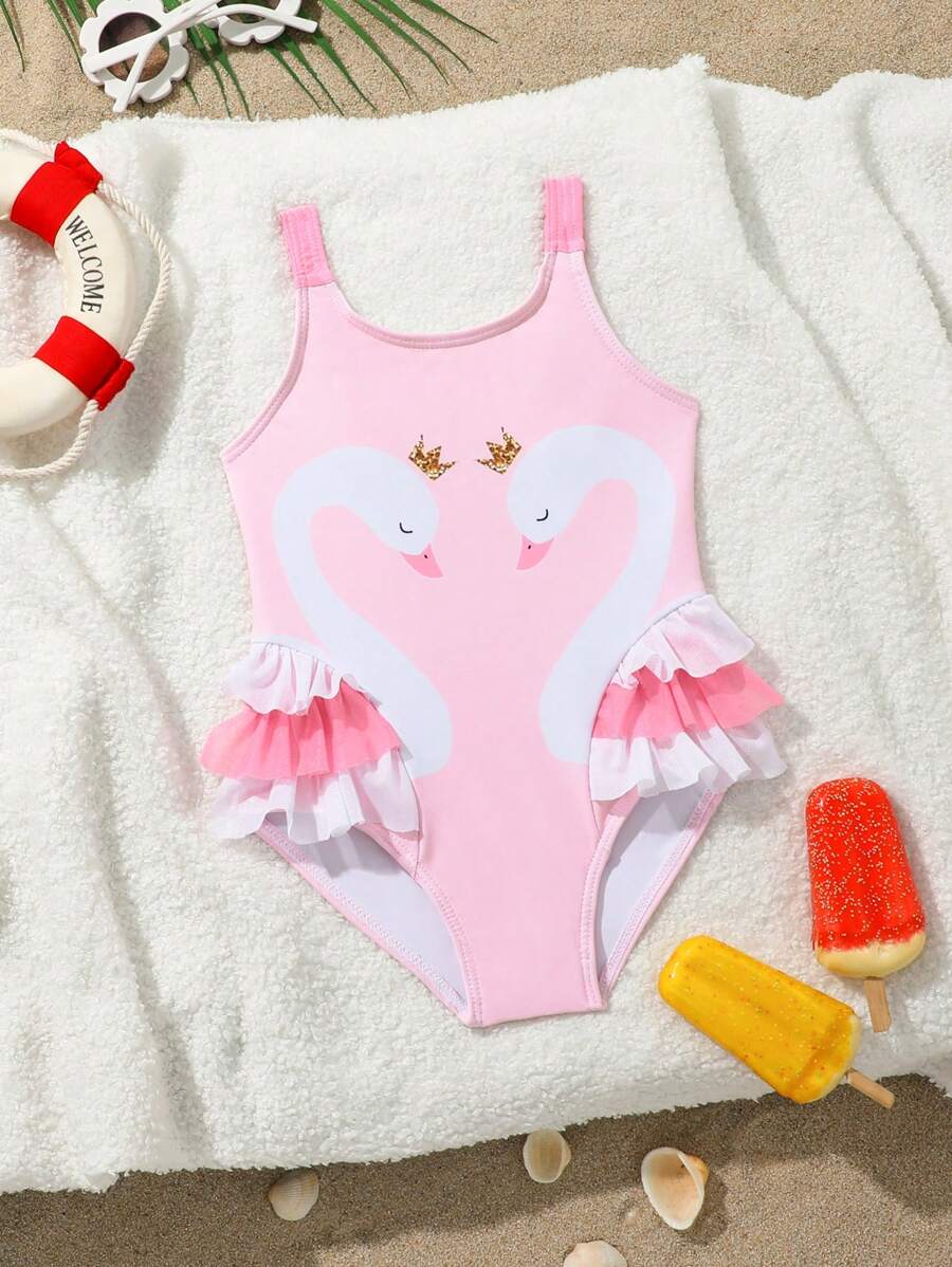 SHEIN 婴儿/女婴简约拼色印花细肩带连体泳衣 - 粉色 - 查看 1