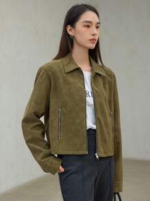 Dazy-Less Kurze anliegende PU-Lederjacke für Frauen, Herbstkleidung