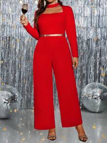 SHEIN Clasi Plus Size Fashionable Party Ribbon Decorated Jumpsuit For New Year Clothes - Red - View 5